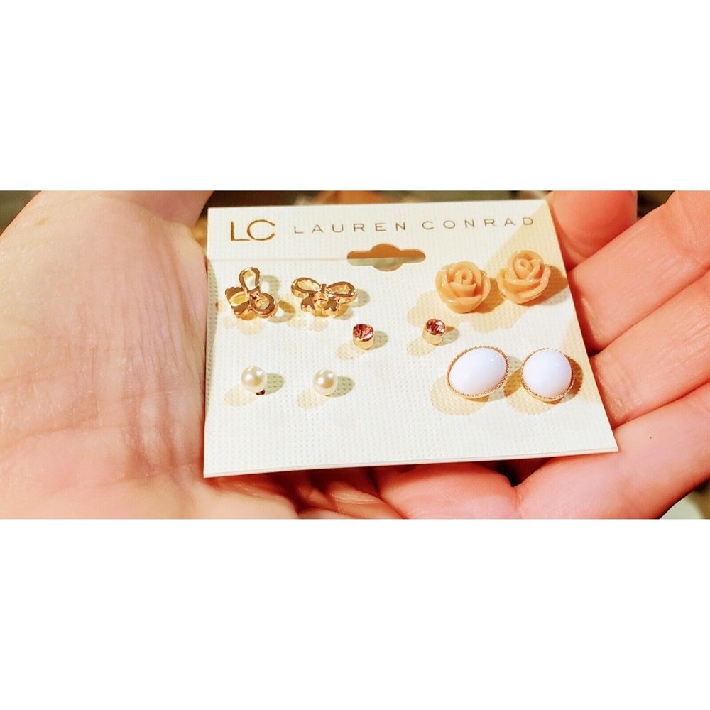 LC Lauren Conrad Stud Earrings 5 Pairs Dainty Pink Gold Tone NEW - Picture 3 of 5
